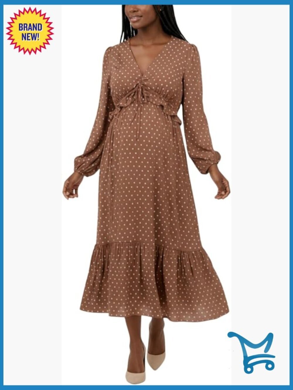 V-Neck Long Puff Sleeve Ruffle Midi Maternity Dress